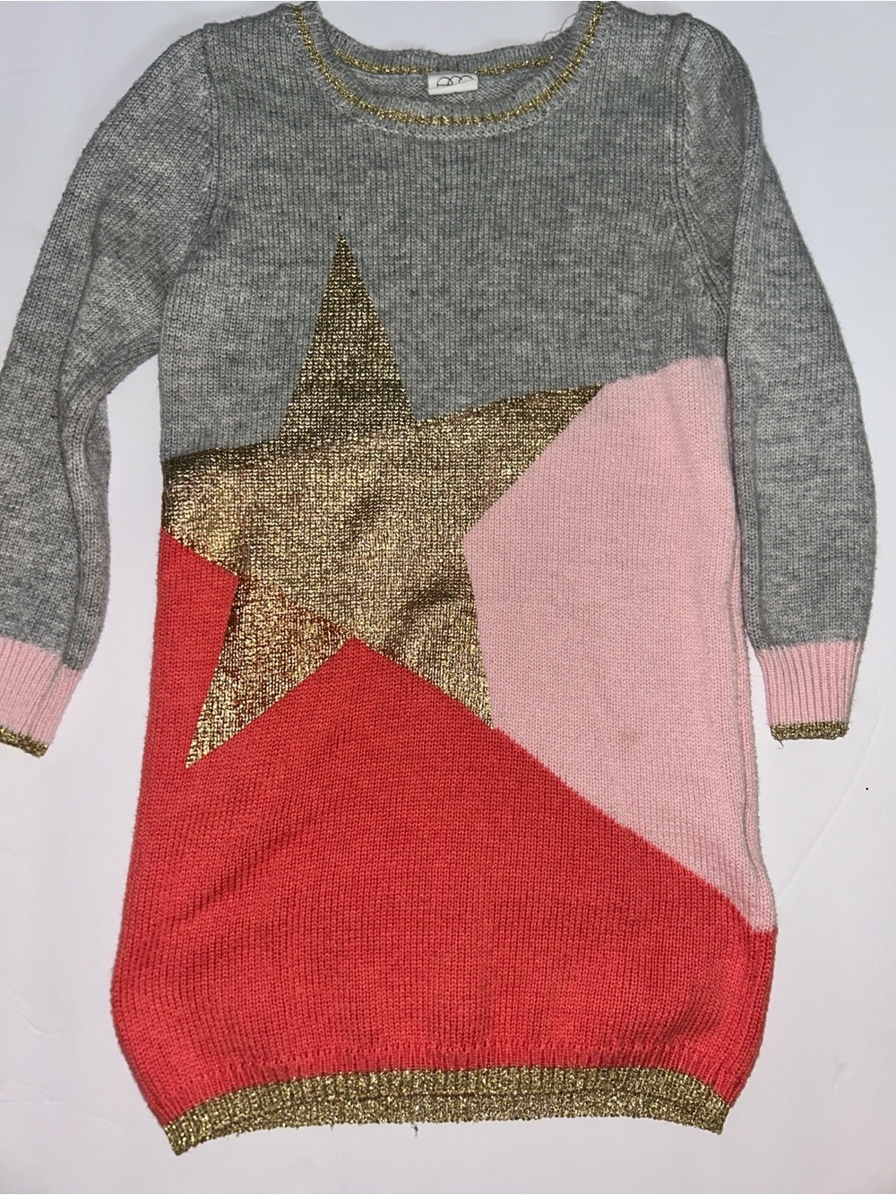 Girls' Gray Pink Coral Gold Star Knit Sweater Dress
